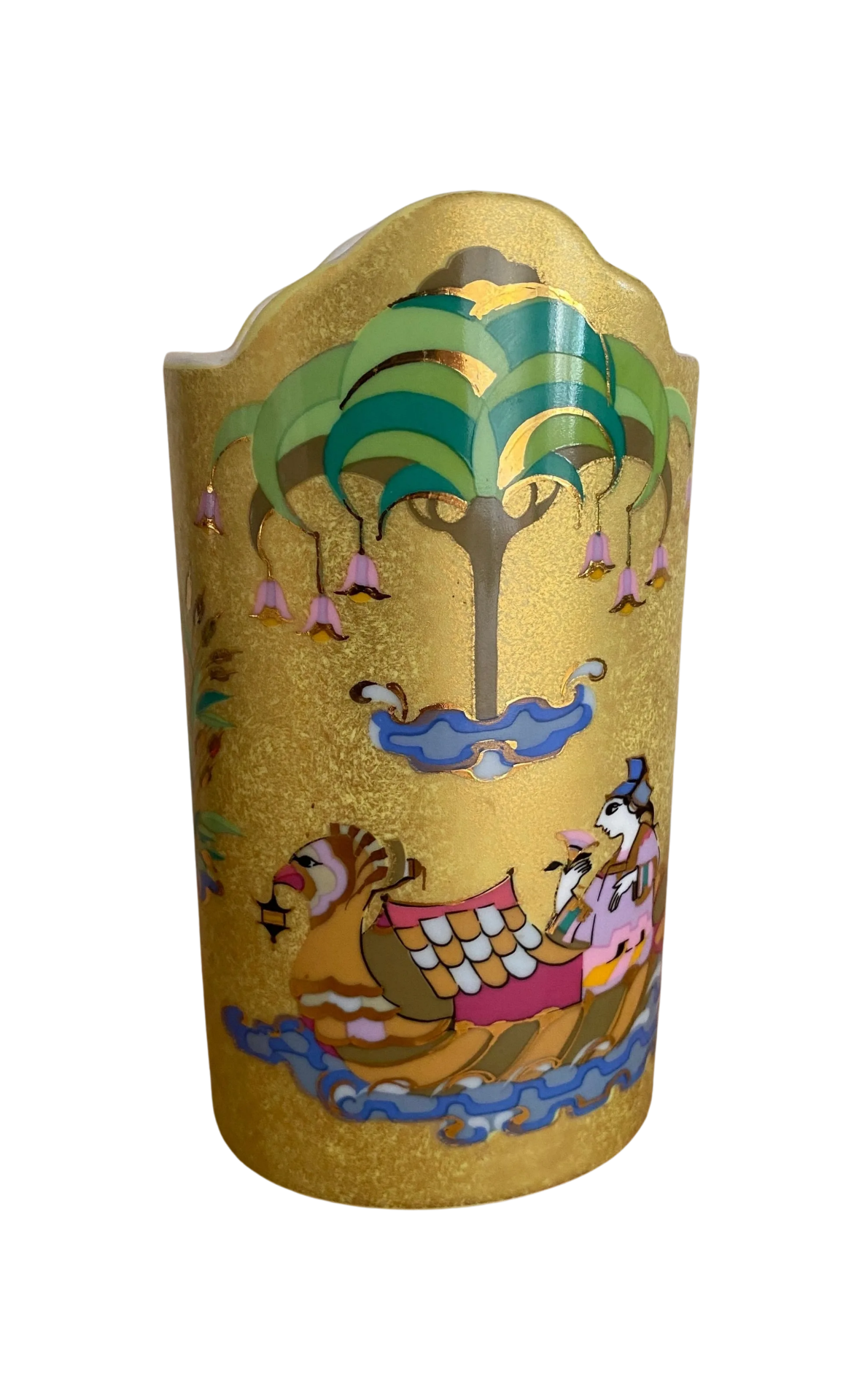 A 1970S ROSENTHAL BJORN WIINBLAD GOLD VASE WITH FIGURES IN BOAT DESIGN, SIGNED, HEIGHT 17 CM