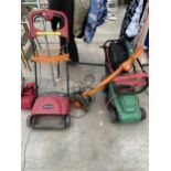 THREE GARDEN TOOLS TO INCLUDE A QUALCAST LAWNMOWER AND AN ELECTRIC STRIMMER ETC