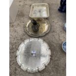 THREE SILVER PLATED TRAYS AND A JUG ETC