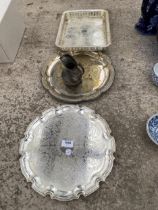 THREE SILVER PLATED TRAYS AND A JUG ETC