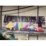 A LARGE CANVAS BOX POSTER OF SIX VESPA SCOOTERS, 48" X 20"