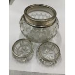THREE GLASS POTS WITH HALLMARKED SILVER 925 RIMS