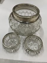 THREE GLASS POTS WITH HALLMARKED SILVER 925 RIMS