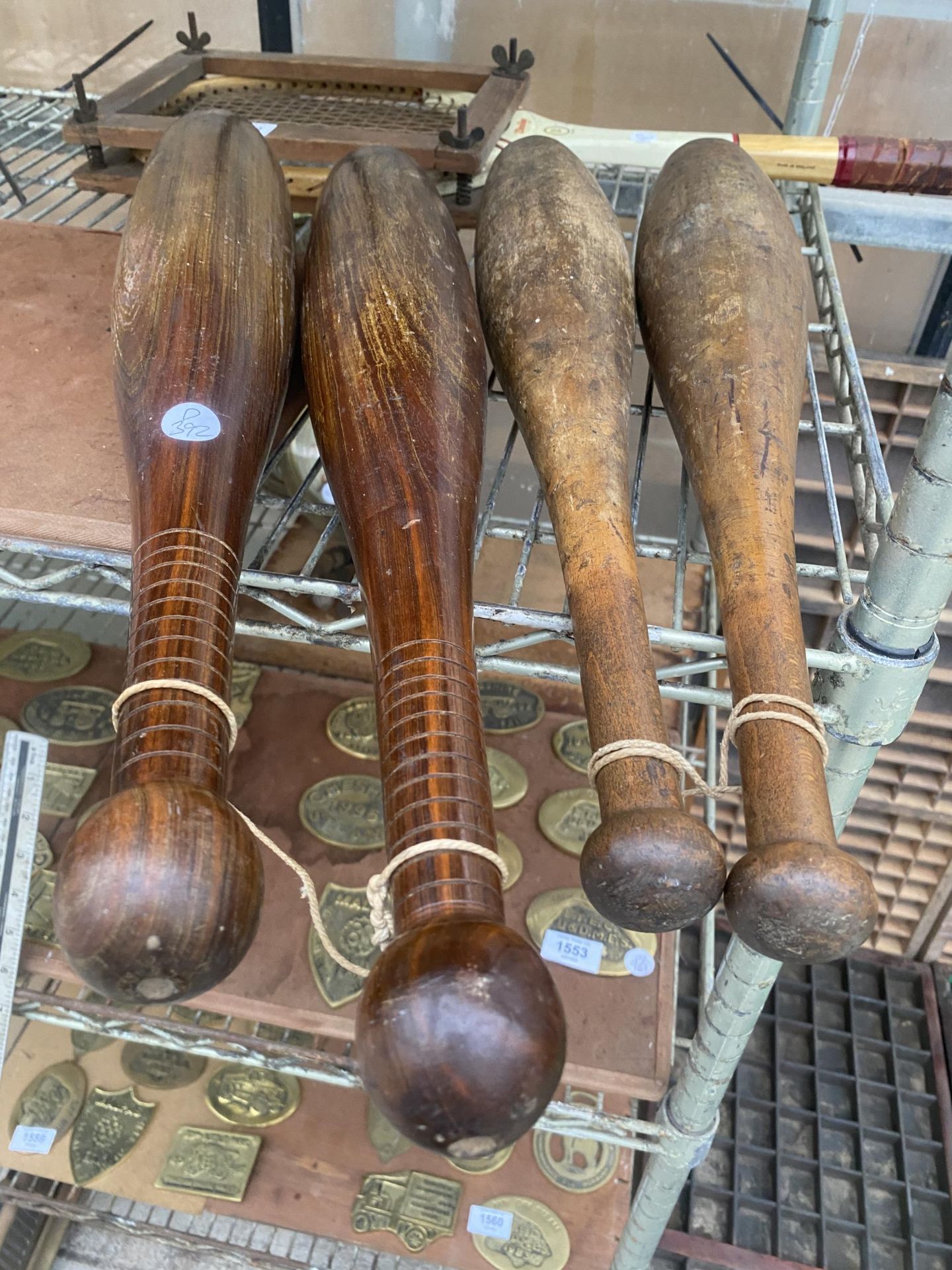 A VINTAGE WOODEN TENNIS RACKET WITH WOODEN COVER AND TWO PAIRS OF WOODEN JUGGLING CLUBS - Image 2 of 7