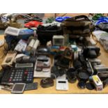 A LARGE COLLECTION OF CAMERA RELATED AND FURTHER EQUIPMENT, CAMERAS, BAGS, PHONES, CALCULATORS ETC