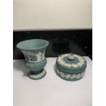 TWO ITEMS OF RARE GREEN WEDGWOOD JASPERWARE TO INCLUDE A VASE AND A LIDDED POT