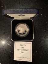 MALTA 1992 , GEORGE CROSS ANNIVERSARY LM5 , SILVER PROOF COIN . CASED WITH COA