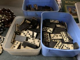 THREE TUBS OF VINTAGE BONE DOMINOES