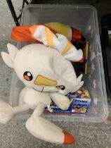 A BOX OF ASSORTED TOYS, POKEMON SOFT TOY TOMY SSHH! GAME, TOY STORY PINBALL ETC