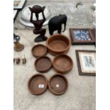 TWO TREEN CARVED FIGURES AND SIX ASSORTED TREEN BOWLS
