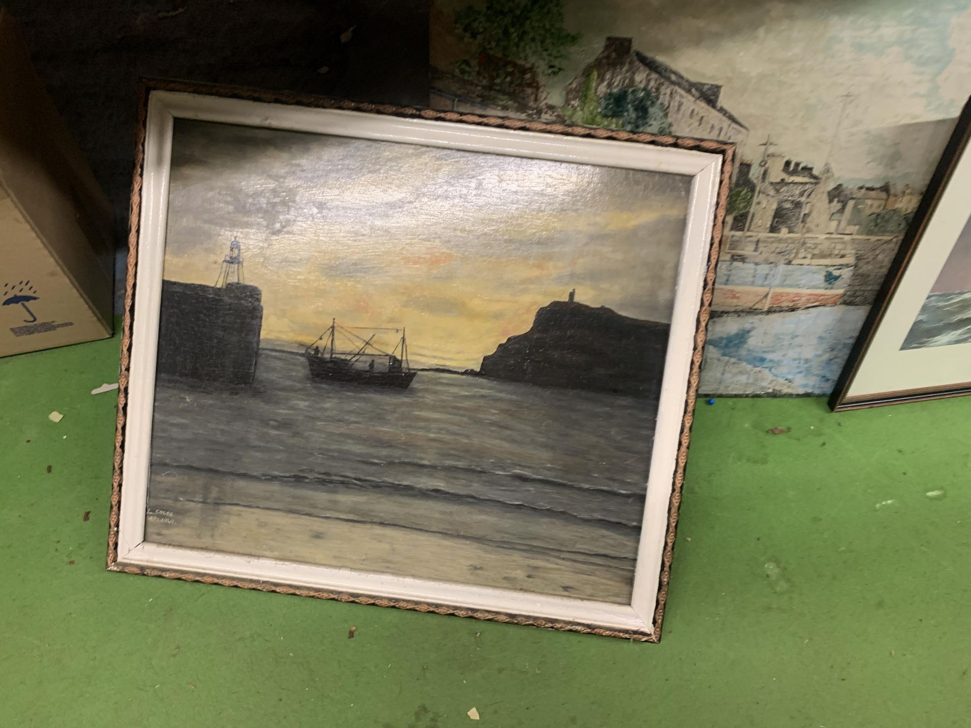 THREE FRAMED PICTURES, OIL ON BOARD OF A BOAT ETC - Bild 2 aus 3