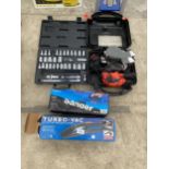 AN ASSORTMENT OF TOOLS TO INCLUDE A SOCKET SET AND AN ELECTRIC PALM SANDER ETC