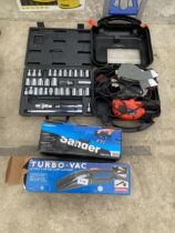 AN ASSORTMENT OF TOOLS TO INCLUDE A SOCKET SET AND AN ELECTRIC PALM SANDER ETC