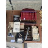 AN ASSORTMENT OF VINTAGE ITEMS TO INCLUDE AN ALLEGRO HONING MACHINE AND SHAKESPERE BOOKS ETC