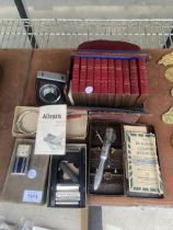 AN ASSORTMENT OF VINTAGE ITEMS TO INCLUDE AN ALLEGRO HONING MACHINE AND SHAKESPERE BOOKS ETC