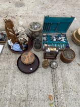 AN ASSORTMENT OF ITEMS TO INCLUDE ORIENTAL FIGURES , A CLOCK AND FLATWARE ETC