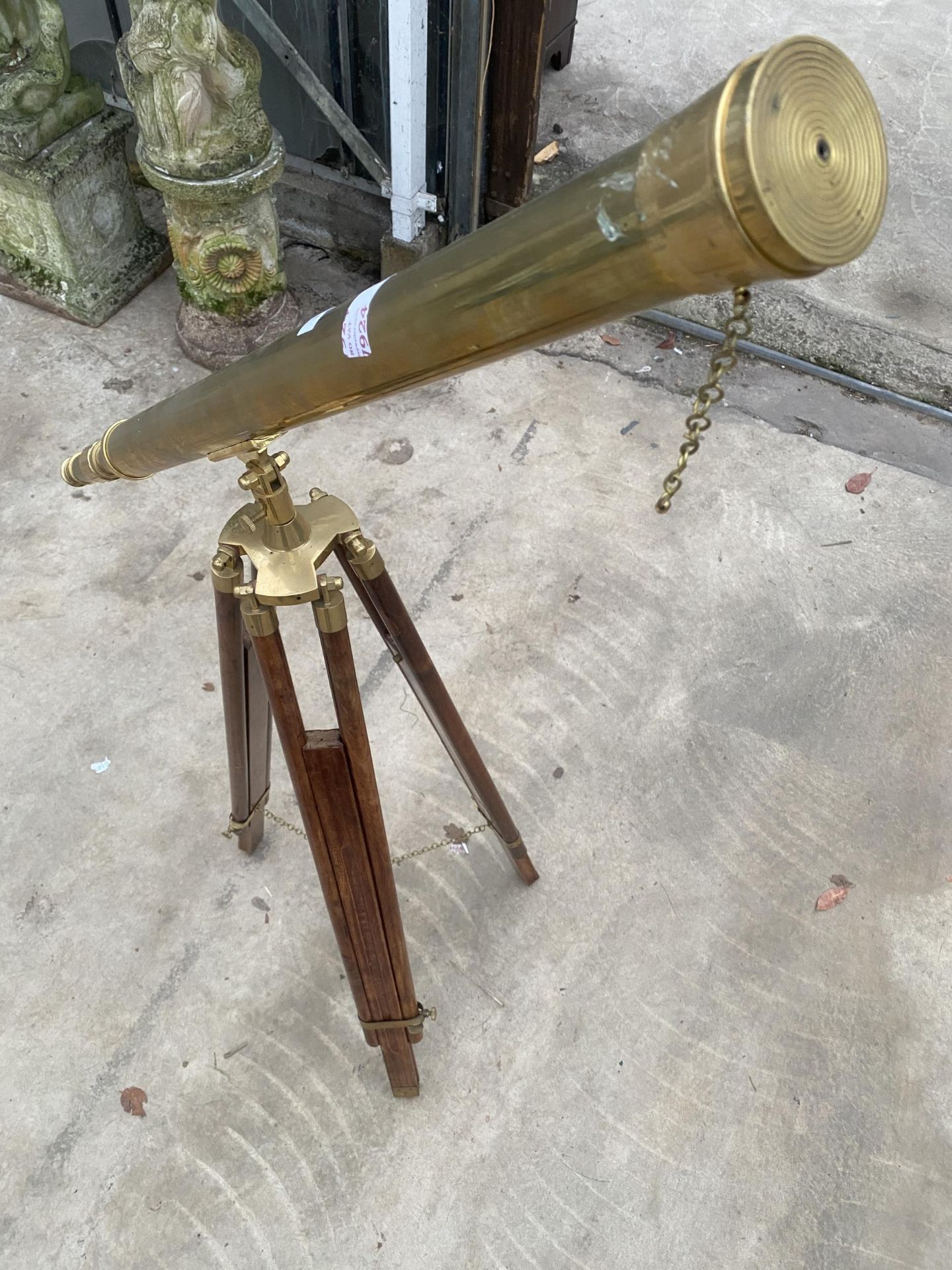 A VINTAGE BRASS TELESCOPE WITH WOODEN TRIPOD STAND - Image 2 of 5