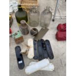 AN ASSORTMENT OF VINTAGE ITEMS TO INCLUDE PUSH PLATES, DEMI JOHNS AND A LANTERN ETC