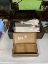 TWO VINTAGE OAK BOXES - ONE CONTAINING GLOVES