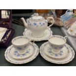 A ROYAL ALBERT TUSCAN 'LOVE IN THE MIST' TEAPOT, CAKE PLATE AND TWO TRIOS, GOOD CONDITION