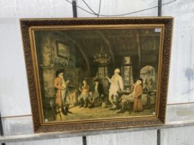 A LARGE GILT FRAMED PRINT ON BOARD OF A PUBLIC HOUSE SCENE