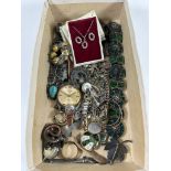 A BOX OF VINTAGE COSTUME JEWELLERY TO INCLUDE VINTAGE HUDSON WATCH, STERLING SILVER AND RUBY STYLE