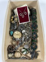 A BOX OF VINTAGE COSTUME JEWELLERY TO INCLUDE VINTAGE HUDSON WATCH, STERLING SILVER AND RUBY STYLE