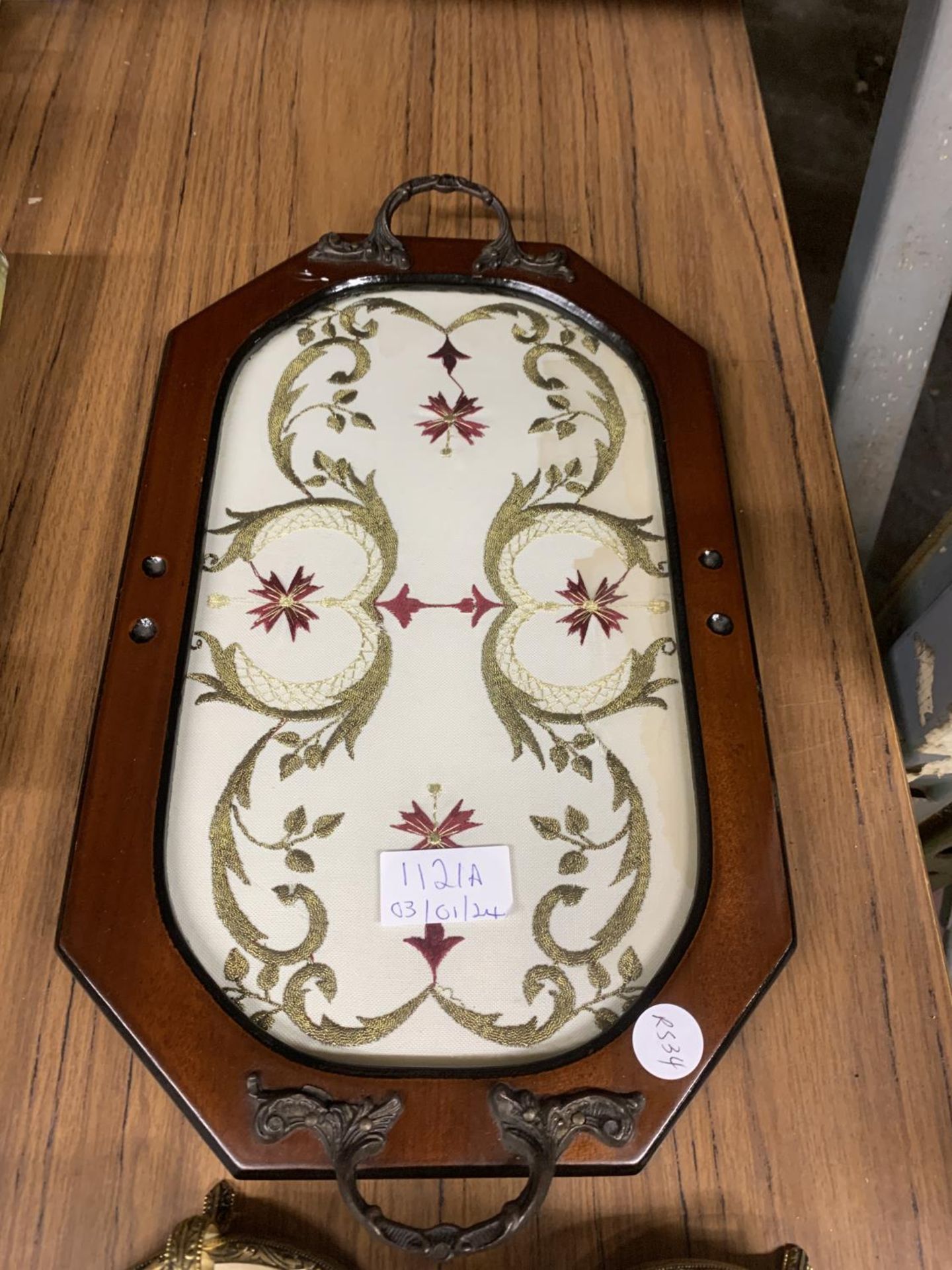 A VINTAGE WOODEN TRAY INLAID WITH SILK EMBROIDERY WITH TWO PETIT POINT CANDLESTICKS - Image 2 of 3