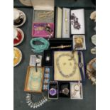 A QUANTITY OF COSTUME JEWELLERY, MOST OF IT BOXED, TO INCLUDE WATCHES, NECKLACES, BANGLES, ETC