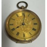 A 9CT YELLOW GOLD LADIES OPEN FACE, KEY WIND POCKET WATCH WITH ETCHED FLORAL DIAL, GROSS WEIGHT 34.