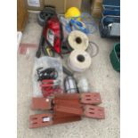 AN ASSORTMENT OF ITEMS TO INCLUDE JUMP LEADS, A CAR REAR LIGHT AND ELECTRIC CABLE ETC