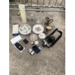 AN ASSORTMENT OF ITEMS TO INCLUDE DECANTER LABELS, CAMERAS AND SILVER PLATE ITEMS ETC