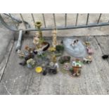 AN ASSORTMENT OF ITEMS TO INCLUDE CERAMIC FIGURES AND GLASS DISHES ETC