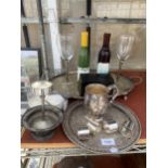 AN ASSORTMENT OF ITEMS TO INCLUDE A TWIN HANDLED TRAY, WINE GLASSES AND A TANKARD ETC