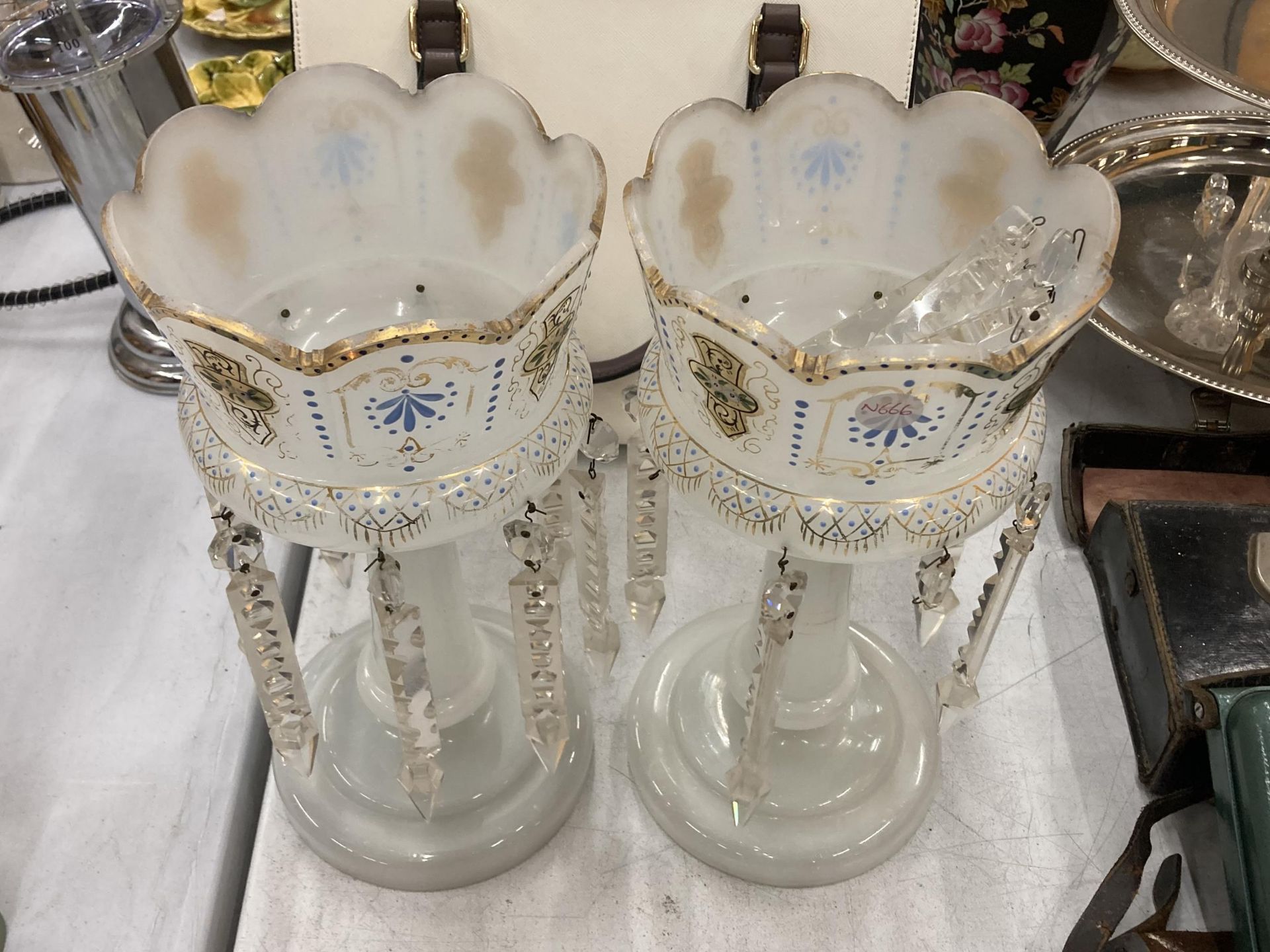 A PAIR OF VINTAGE OPAQUE GLASS LUSTRES WITH HANDPAINTED DECORATION AND CRYSTAL DROPLETS, HEIGHT 30CM - Image 2 of 3