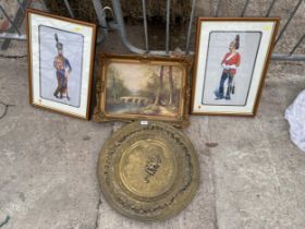 THREE FRAMED PRINTS AND A BRASS CHARGER