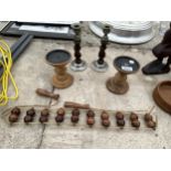 TWO PAIRS OF VINTAGE TREEN CANDLE STICKS AND A WALL HANGING