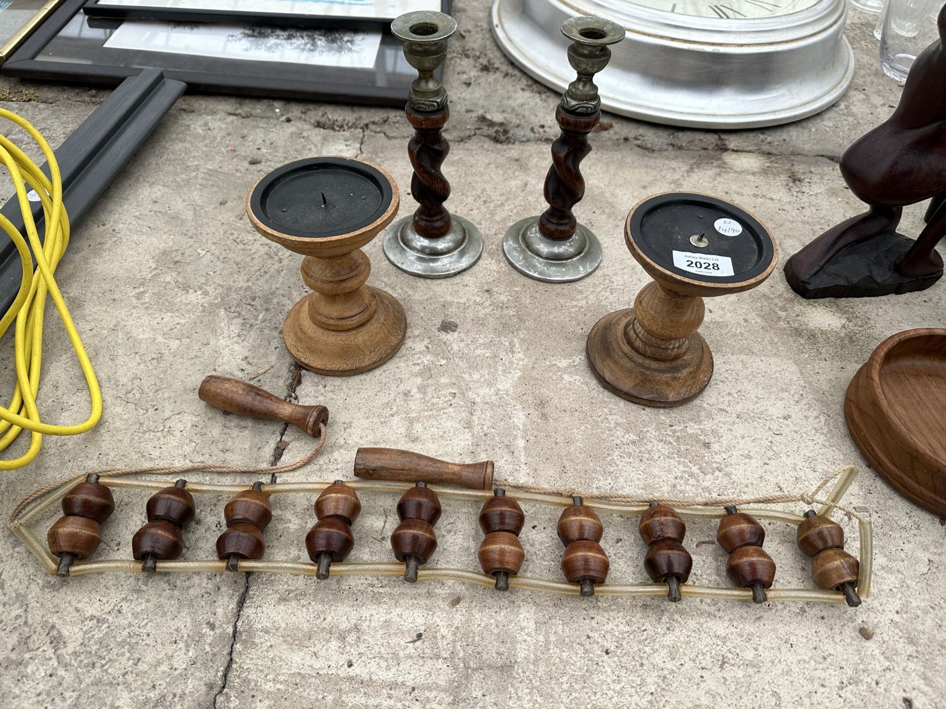TWO PAIRS OF VINTAGE TREEN CANDLE STICKS AND A WALL HANGING