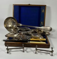 A BOX OF ASSORTED SILVER PLATED ITEMS TO INCLUDE FRENCH CHRISTOFLE LARGE LADLE, WALKER AND HALL