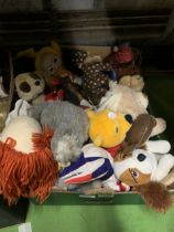 A BOX OF TEDDIES, TELETUBBIES, MEERKAT, POOH BEAR, ETC.,