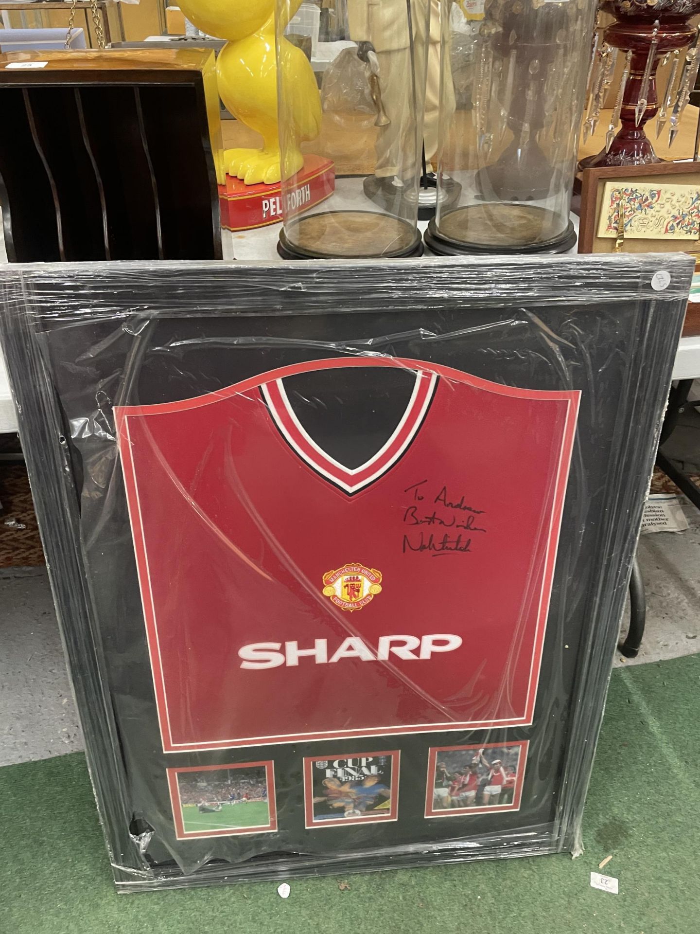 A FRAMED AND SIGNED BY NORMAN WHITESIDE 1985 CUP FINAL MONTAGE