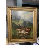 A LARGE ORNATE GILT FRAMED 19TH CENTURY OIL PAINTING OF HIGHLAND CATTLE, INDISTINCTLY SIGNED