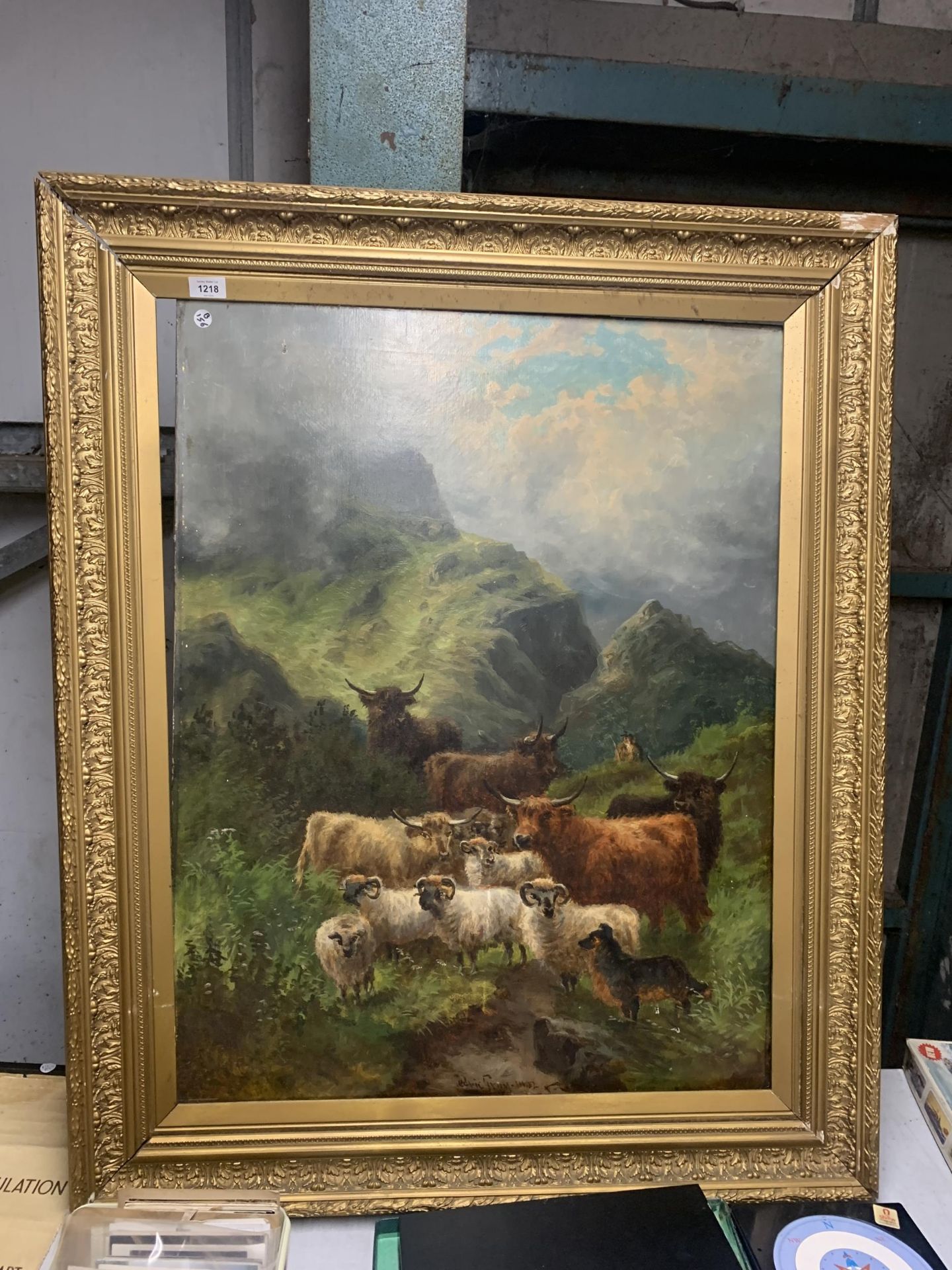 A LARGE ORNATE GILT FRAMED 19TH CENTURY OIL PAINTING OF HIGHLAND CATTLE, INDISTINCTLY SIGNED