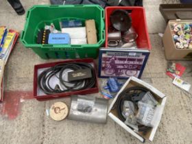 AN ASSORTMENT OF MOTORBIKE SPARES TO INCLUDE PULLEYS, FILTERS AND BATTERIES ETC