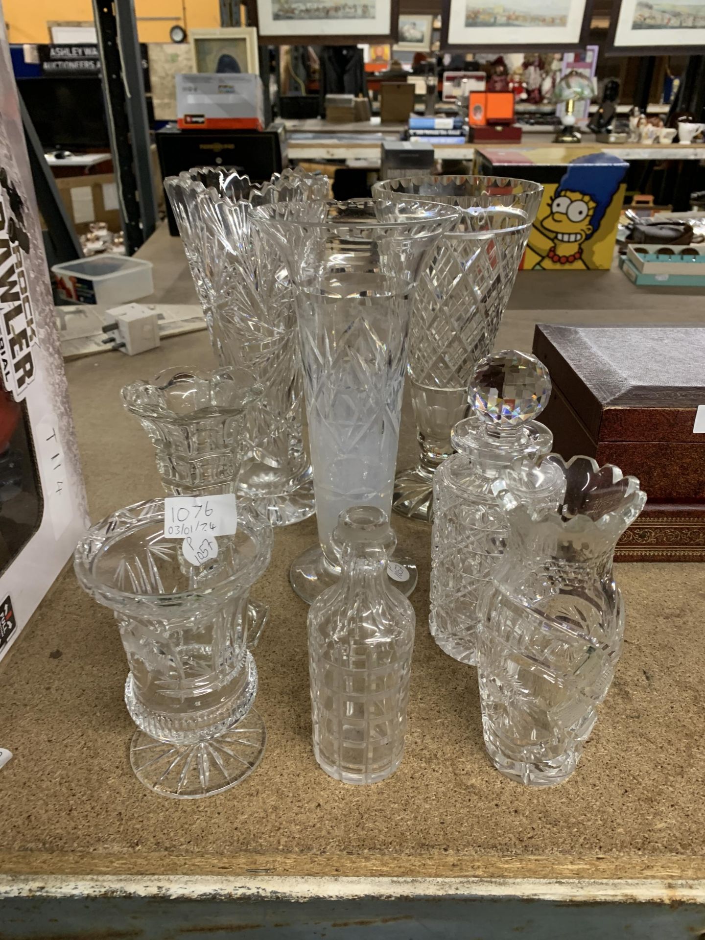 A COLLECTION OF CUT AND FURTHER GLASSWARE, VASES ETC