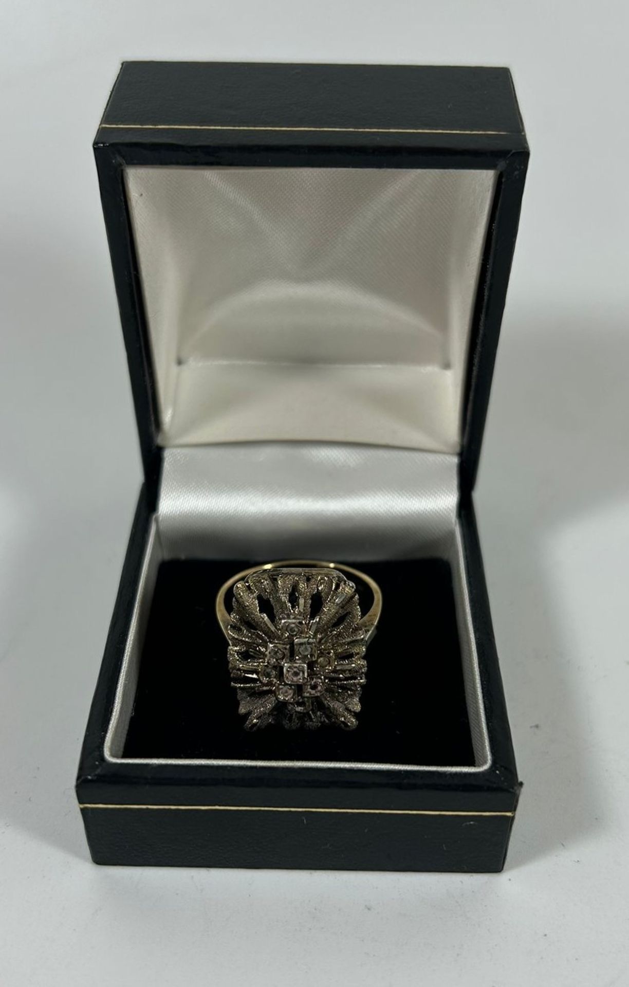 A BOXED ART DECO STYLE SILVER GILT MARCASITE RING