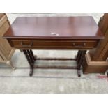 A MODERN MAHOGANY CONSOLE TABLE WITH SINGLE DRAWER, ON TURNED UPRIGHTS AND STRETCHERS, 36" WIDE