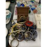 A MIXED LOT OF COSTUME JEWELLERY, BANGLES, SMALL WOODEN BOX ETC