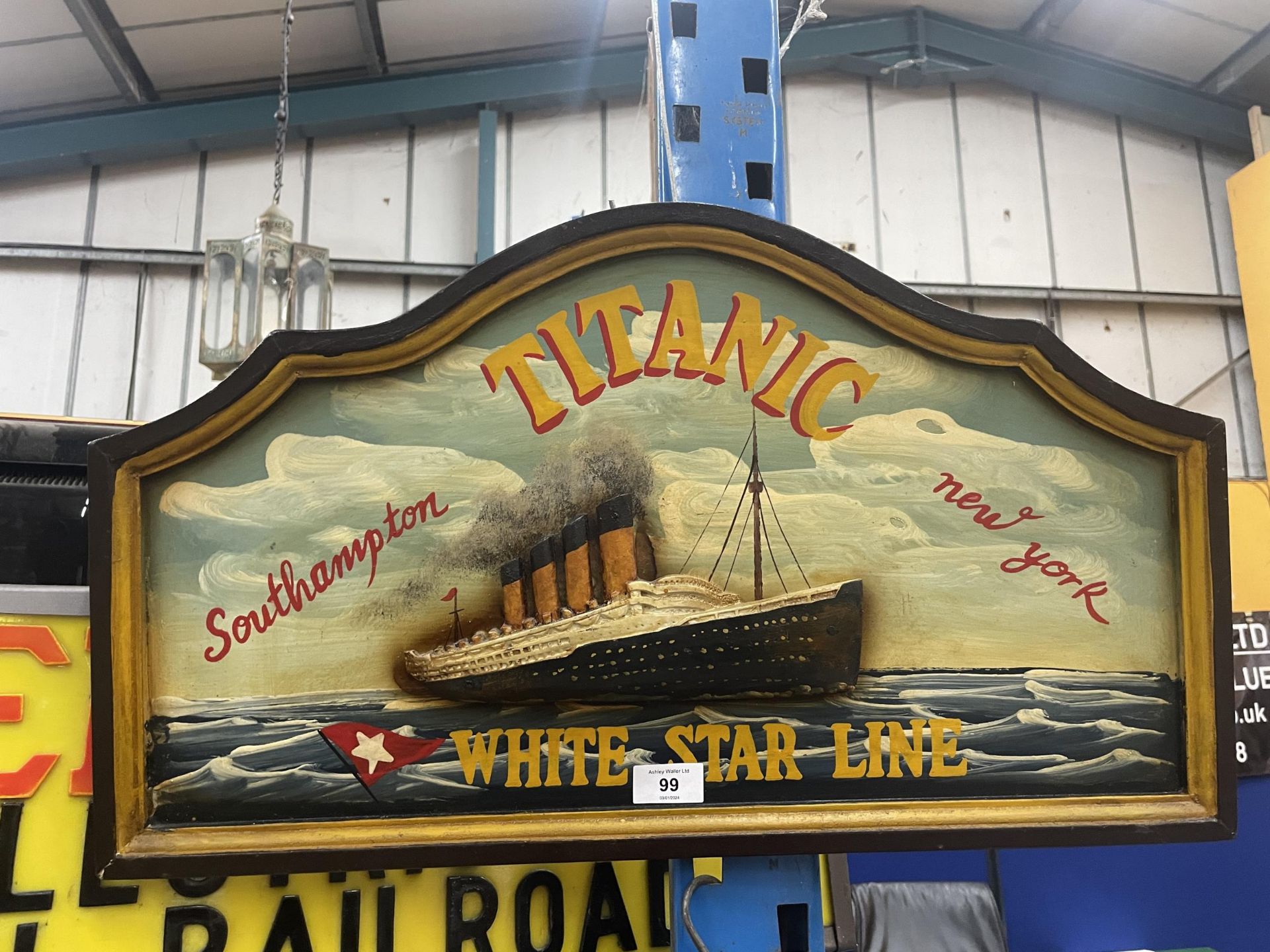 A HAND PAINTED TITANIC WHITE STAR ADVERTISING BOARD