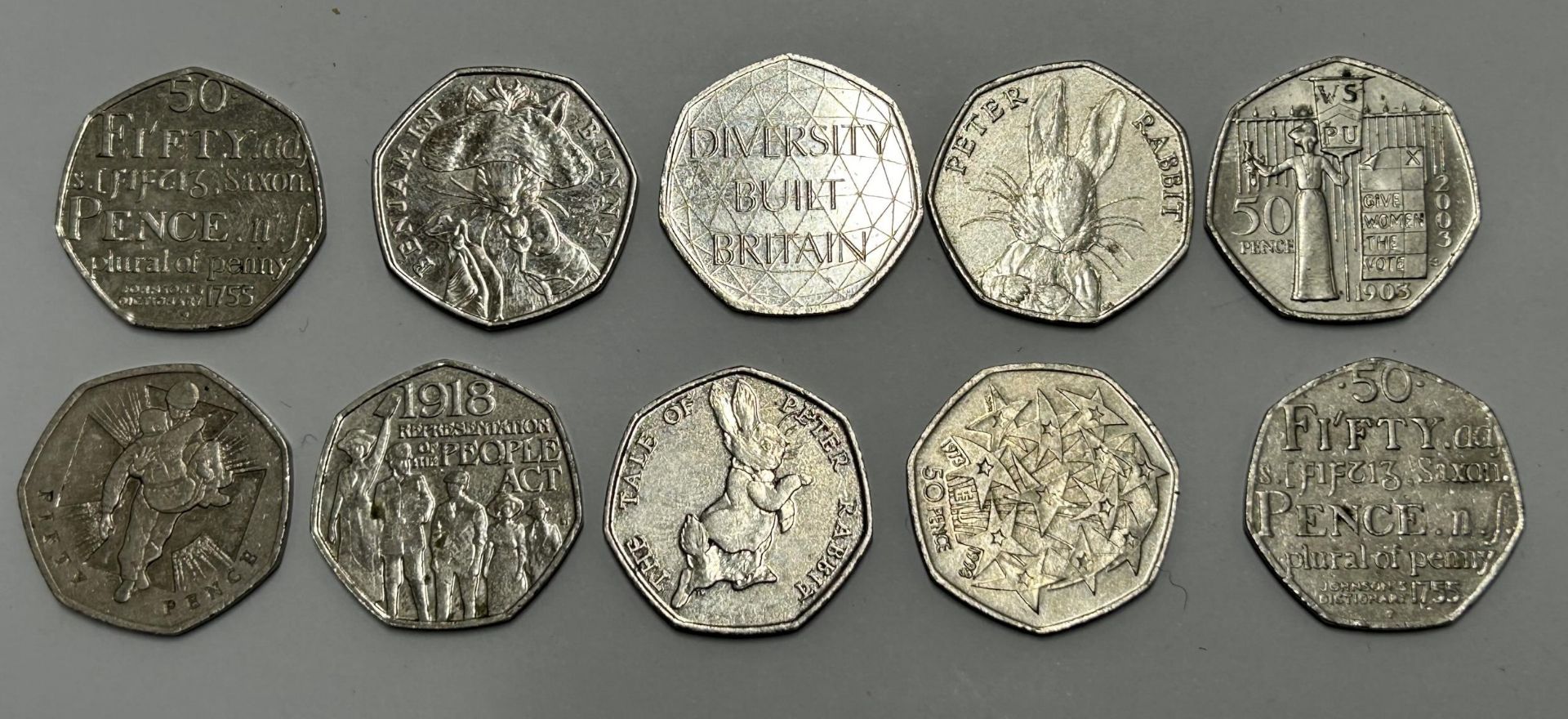 TEN VARIOUS COLLECTABLE FIFTY PENCE PIECES TO INCLUDE, PETER RABBIT, ETC